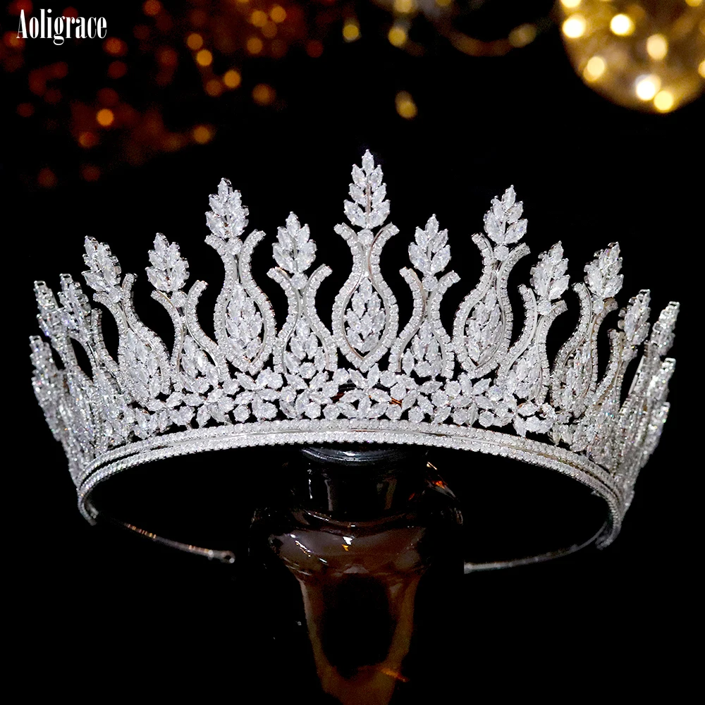 Luxury Big Cubic Zirconia Wedding Crowns Platinum Plated CZ Tall Tairas Unique Design Zircon Birthday Party Sweet 16 Headpieces