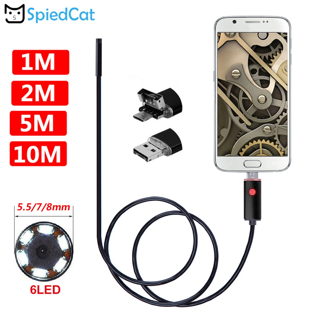 5 5/iPhone 7 Plus/8 мм мини-объектив 2in1 Micro USB эндоскоп 1/2/5/10 м мягкий кабель 6-ти Диодная