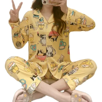 

Hot Sale Women Nightshirt Set WAVMIT Women Cotton Pajama Set Cute Print Pyjama Set Long Sleeve Sleepwear Women Top Long Pant