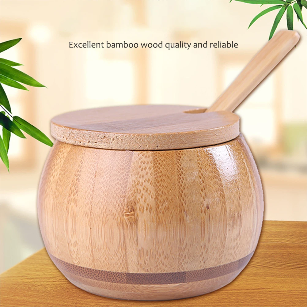 Wooden Seasoning Jar Natural Spice Tank with Lid and Spoon Seasoning Container storage box Kitchen Tools Seasoning Salt Storage