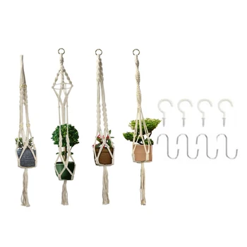 

4PCS Bohemian Hand-woven Wall Hanging Net Bag Wall Hanging Potted Hanging Basket Plant Cages Supports Garden Flower Pot Hangers