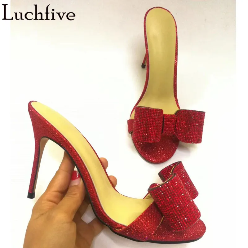 red high heel Летние шлепанцы со стразами и бантом; туфли на плоской подошве с разрезом; женские шлепанцы цвета шампанского; модная женская обувь; zapatos De Mujer - Цвет: red high heel