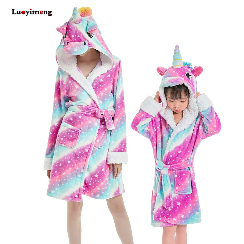 Cartoon Kids Robes Flannel Unicorn Boys Girls Robes Tiger Animal Hooded Bath Long Sleeve Baby Boy Bathrobe Child Clothing