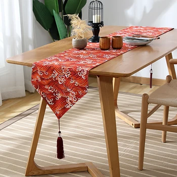 

Vintage Table Runner Sea Waves Tassel Tablecloth Brown Flowers Cotton Linen Coffee Table TV Cover Cloth