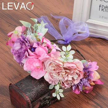 

Levao Bohemian Flower Crown Headband Bride Wedding Headwear Big Floral Garland Hairband Wreath Ribbon Hair Accessories for Girls