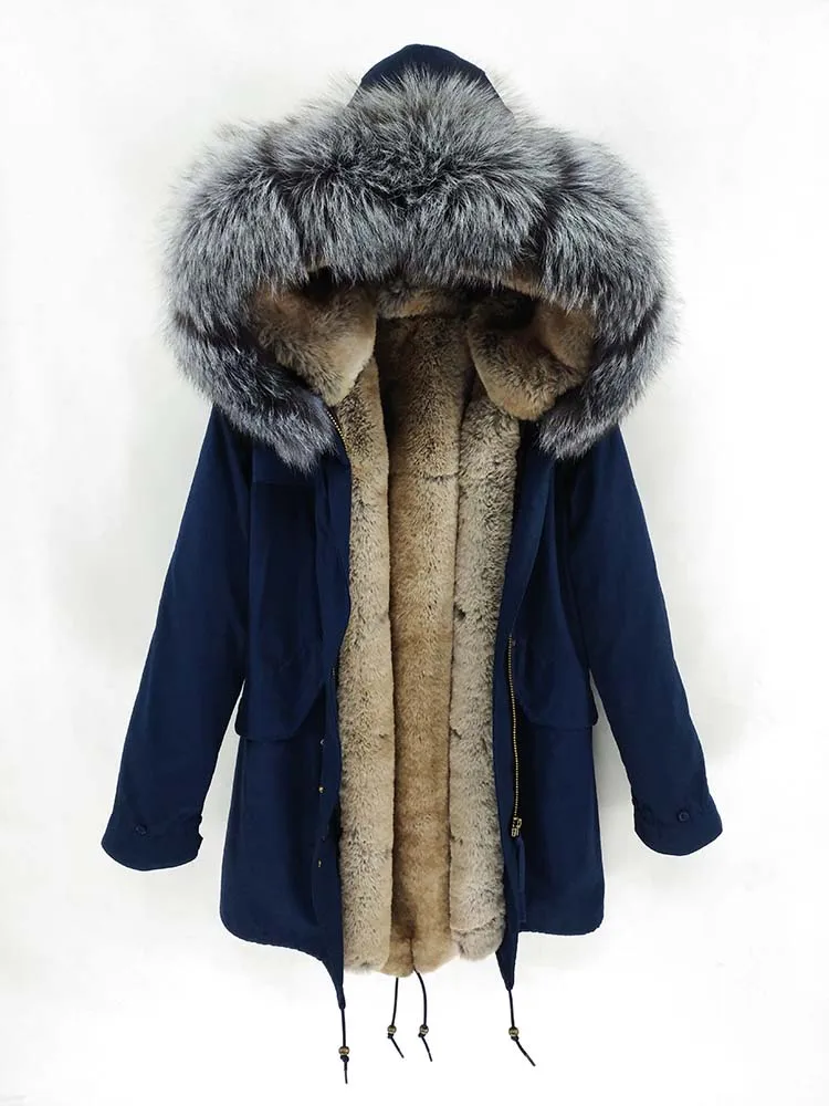 Плюс размер зимняя куртка мужская парка натуральный мех пальто большой натуральный енот меховой капюшон, воротник Толстая теплая верхняя одежда Уличная - Цвет: silver fox fur navy