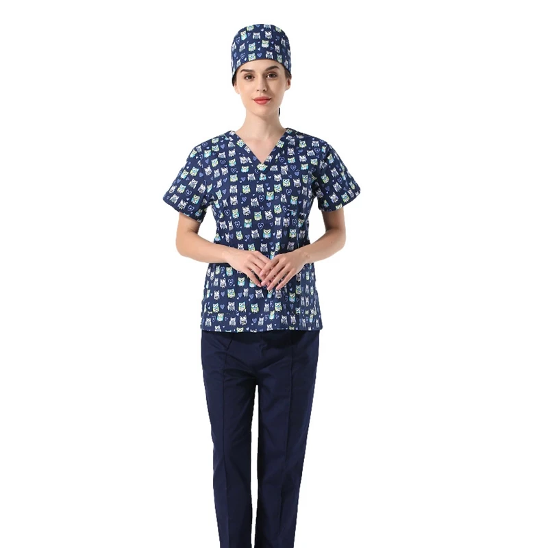 Women set Новая рабочая одежда для кормящих, медицинская униформа, одежда для работы с врачом, одежда с принтом из мультфильма, медицинская одежда с шапкой, форма медсестры, костюмы - Цвет: Women set