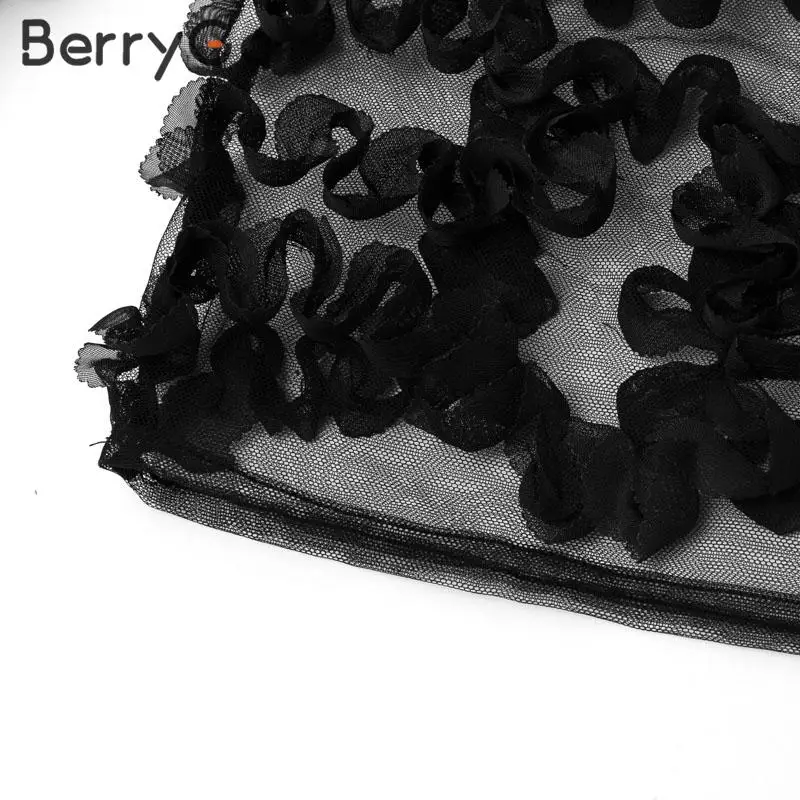 BerryGo, Сексуальная кружевная блузка с прозрачной сеточкой, женские модные вечерние рубашки для клубов, цветочные водолазки с длинным рукавом, женские черные топы