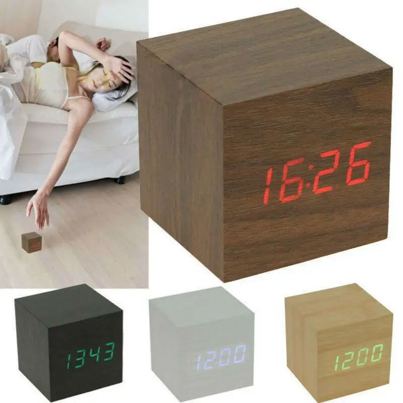

New Digital LED Wood Wooden Cube Desk Clock Alarm Voice Control Thermometer Timer Calendar