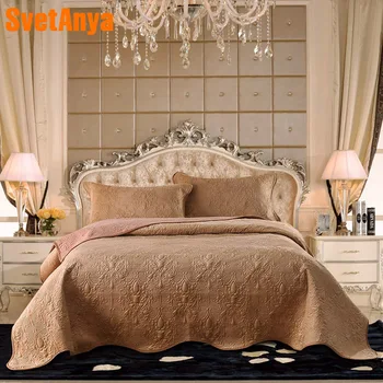 

2018 Light Brown Quilting 3Pcs Bedspread Set Washed Cotton/Crystal Velvet Fabric Blankets 230x250cm Stitching Bed Covers
