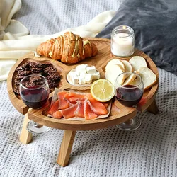 Table de pique nique pliante en bois, avec porte verre, support pour verres à vin, Portable, pour l'extérieur, 2 en 1 