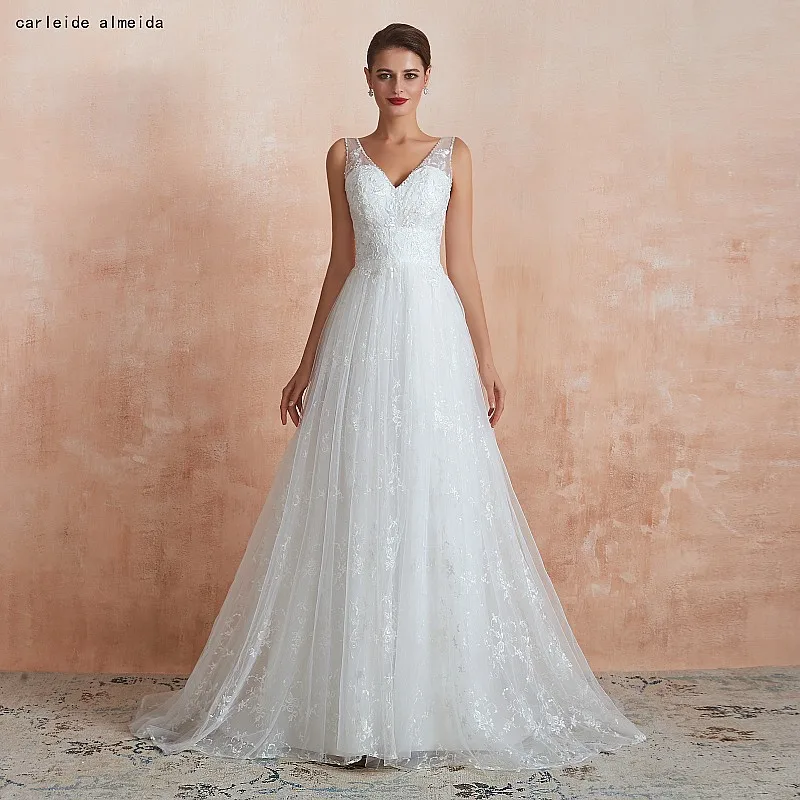 

A-Line V-Neck Lace Wedding Dress 30cm Tail Simple Cheap Bride Dress