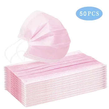 

50 pcs/Bag 3 Layer Non-woven Face Mask Disposable Mouth Mask Filter Safety Mask Earloop Face Mask pink colors Masks