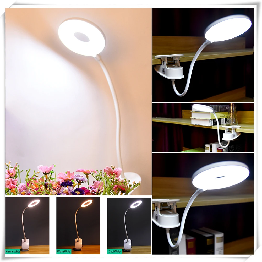 

3 Colors Table Lamp Led Desk Lamp Touch Clip Study Lamps Magnifier Gooseneck Desktop USB Table Light Rechargeable 18650 Battery