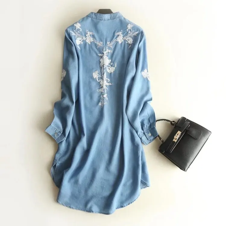 

Loose And Plus-sized Stand Collar Tencel Denim Skirt Women's Spring Flower Embroidered Mid-length Shirt Dress S7098