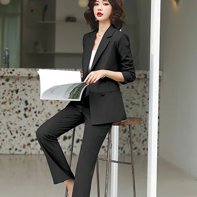 Black Pant Suit Повседневные брюки костюмы Женская мода темперамент длинный рукав Блейзер и брюки для офиса леди Бизнес Рабочая одежда синий черный абрикосовый - Цвет: Black Pant Suit
