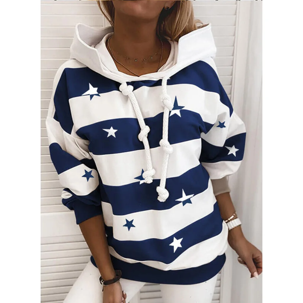 

New Women Hooded Sweatshirt Long Sleeve Autumn Striped Star Thin Fashion Korean Harajuku Hoodie Femme Reetwear Pullover Tops