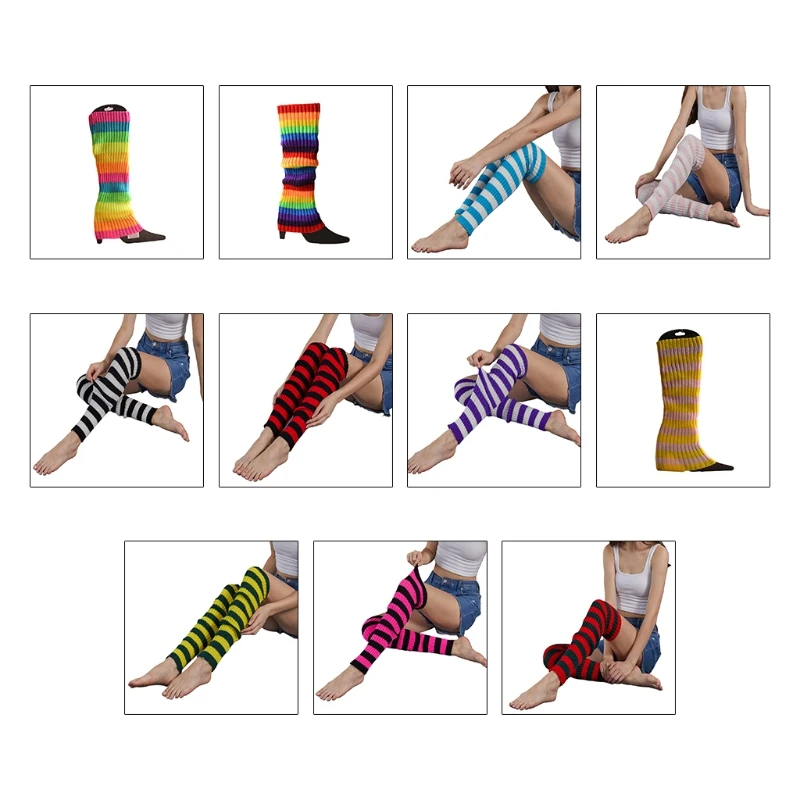 Women Ribbed Knit Leg Warmers Neon Rainbow Striped Boot Cuffs Ballet