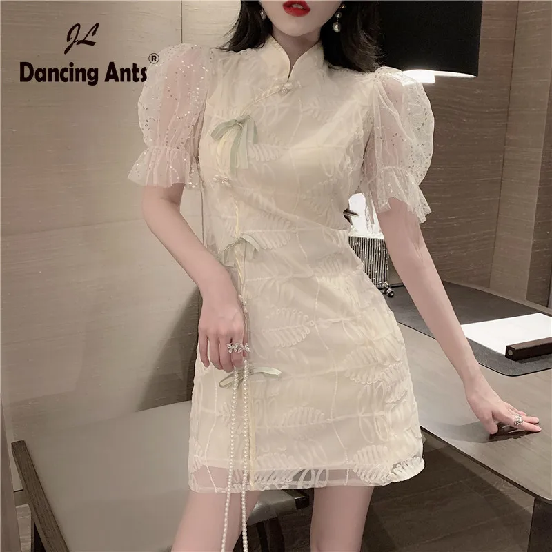 Женское короткое платье с пышными рукавами элегантное Сетчатое винтажное