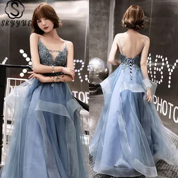 

Skyyue Lace Evening Dresses V-Neck Floor-Length Plus Size Patchwork Robe De Soiree K306 Sling Sleeveless Robe De Soiree