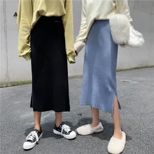 Сцена съемки видео#4709 осень/зима с эластичным поясом яма трикотажные юбки пакет бедра юбка сторона Сплит один темп