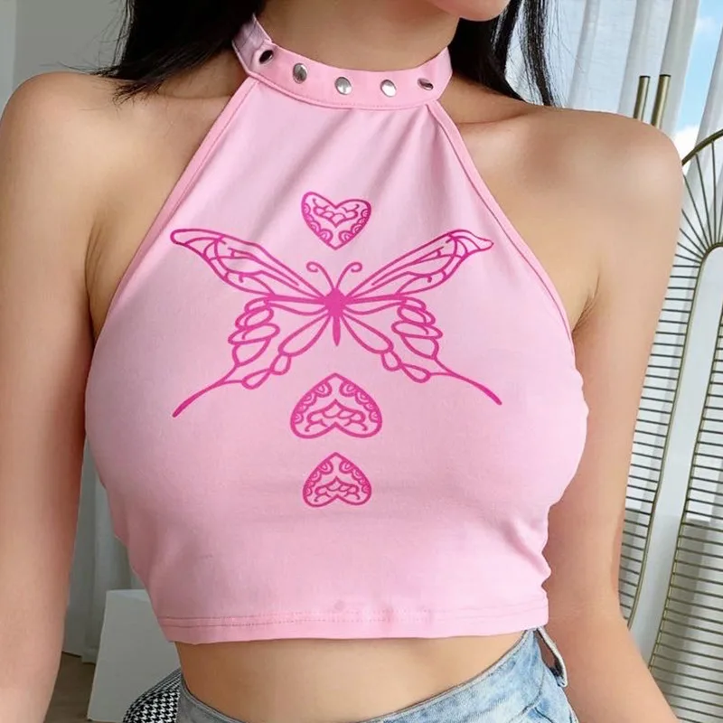 2020 New Arrivals Summer Fashion Sexy Sleeveless Halter Print Pink High Street Women Tops Camis | Женская одежда