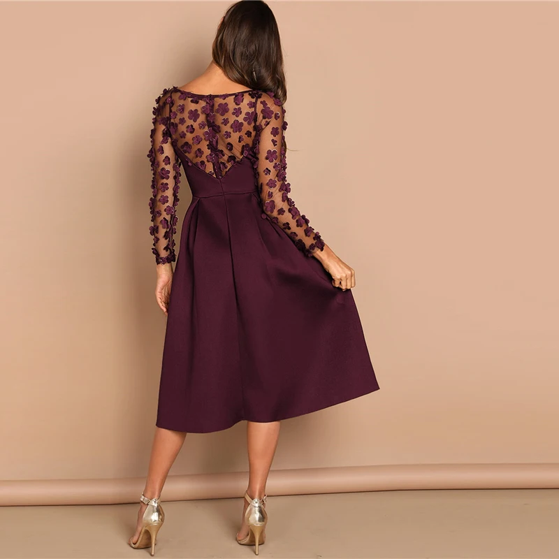 SHEIN Night Out Contrast Mesh Appliques Pleated Square Neck Knee Length Dress Autumn Modern Lady Workwear Women Dresses