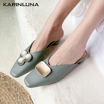 

KarinLuna 2020 Brand Design Genuine Leather Woman Mules Sandals Strange Stlye Heels Metal Decoration Pumps Summer Woman Shoes