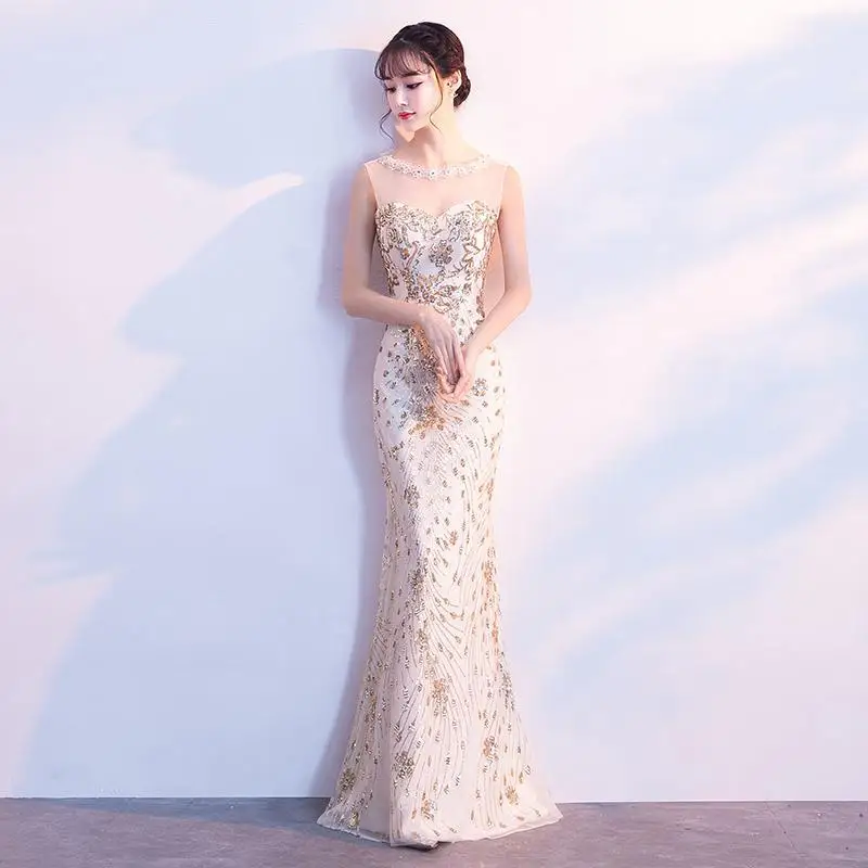 Черное вечернее платье для молодой леди Cheongsam Русалка платье Tihgt Vestidos v-образный вырез высокий разрез вышивка бисером сексуальное Qipao - Цвет: Champange 1