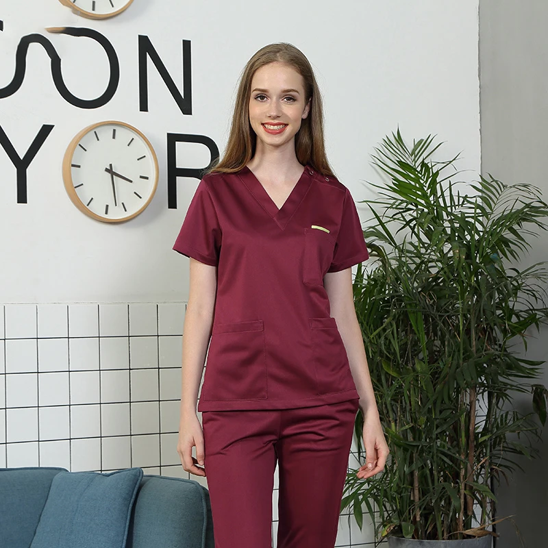 

Women Silky Scrub Uniform Nursing Workwear Red Scrubs Set Anti-static Top and Pant V Neck Working Suits Solid Color 301-2