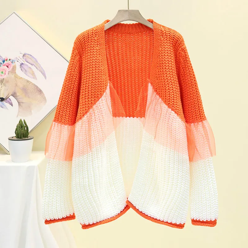 

Neploe Korean Contrast Color Knit Cardigan Lace Gauze Patch Ruffle Sweater Plus Size Coat 2019 Thick Long Knitwear Jacket 54626