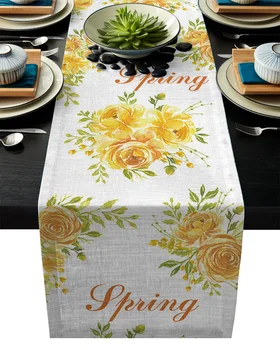 

Spring Yellow Flower Bloom Yellow Modern Table Runner For Wedding Party Chirstmas Cake Floral Tablecloth Decoration