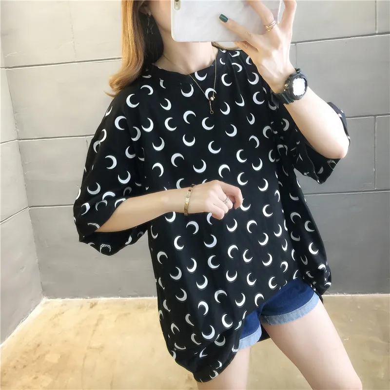 

summer Women's Long Casual T-shirt Round Neck Loose Short Sleeve Black Geometric Crescent Print Pattern Fashion Plus Size Women