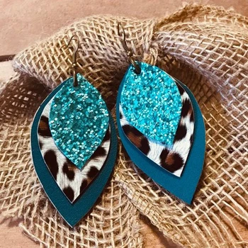 

Three Layer Blue Glitter Gold Leopard Print Leather Teardrop Earrings Animal Print Large Leaf Earrings Valentine's Day Gift