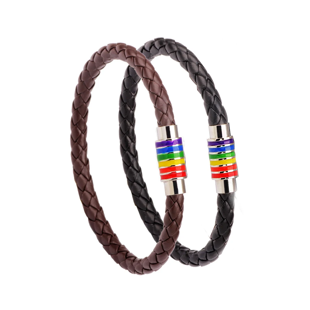 Rinhoo LGBT натуральная Плетеная кожа браслет для женщин и мужчин из нержавеющей стали черный коричневый радужный Магнитный талисманы браслет подарок