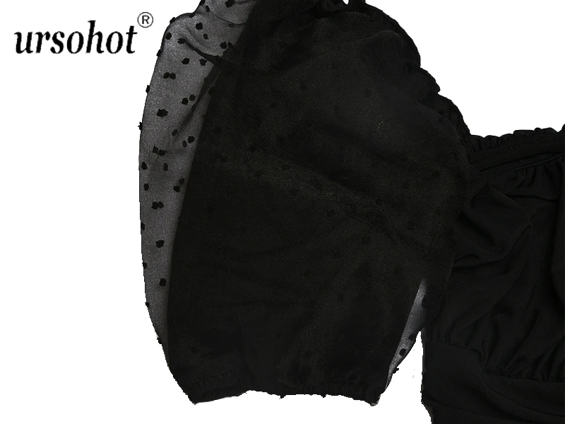 Ursohot Ruched V образным вырезом сексуальное женское боди с открытой спиной Сетчатое с пышными рукавами модный боди облегающий черный обтягивающий тонкий женский комбинезон