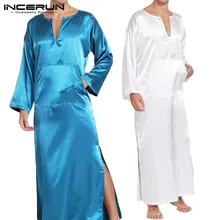 INCERUN, Мужская шелковая атласная домашняя свободная одежда с v-образным вырезом, длинным рукавом, большим карманом, сексуальная одежда для сна, чистый цвет, комфортная Мужская пижама, халаты