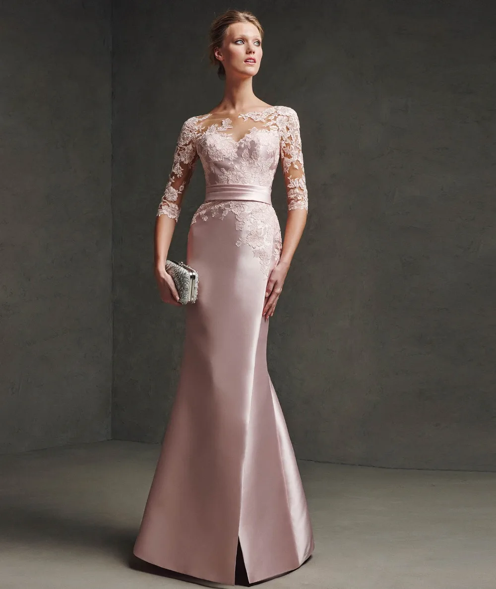 

O-Neck Sheer Lace appliques Long Evening prom gown 2018 Mermaid Elegant Three Quarter Sleeves Arabic mother of the bride dresses