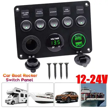 

5 Gang Car Boat Marine Rocker Switch Panel 12V 24V Dual USB Port LED Digital Voltmeter Circuit Breakers Switch Control Panel