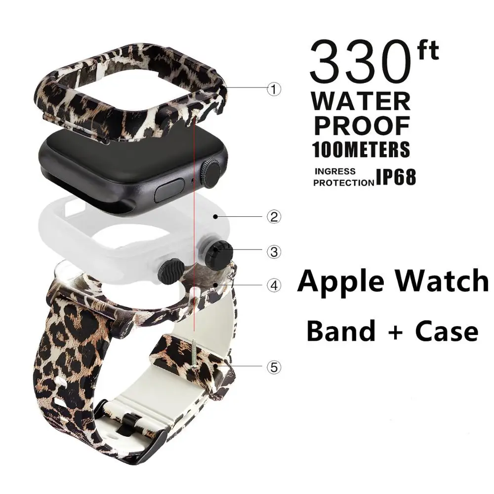 Ремешок+ чехол для Apple Watch 5 4 3 2 мягкий Леопардовый резиновый водонепроницаемый силиконовый ремешок 38 мм 42 мм 44 мм 40 мм чехол для