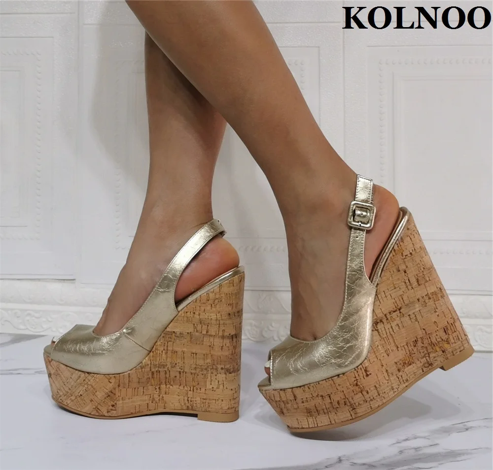 

Kolnoo Ladies Handmade Wedges Heeled Sandals Gold Faux Leather Real Photos Party Prom Shoes Peep-Toe Eveing Sexy Fashion Shoes