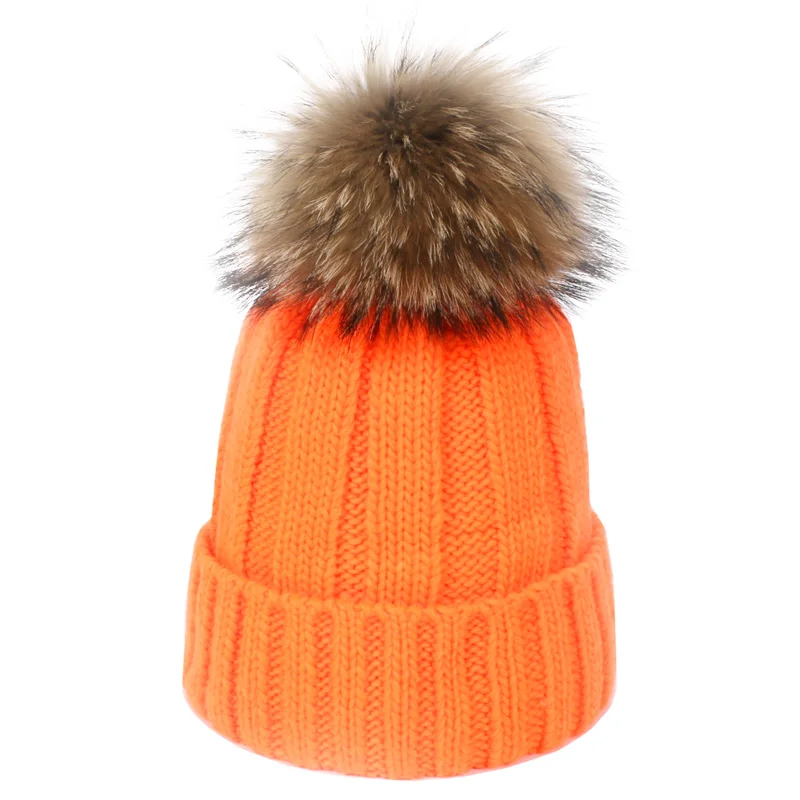 Women Autumn Winter Beanie Cap Female Acrylic Wool Hats With Real Fur Pompon Knit Windproof Outdoor Warm Fluorescent Beanie Hat
