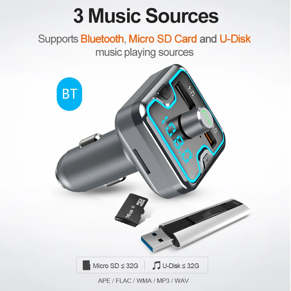 Bluetooth 5,0 приемник автомобильный MP3 музыкальный плеер U диск SD карта fm-передатчик Быстрый автомобильный тип-c зарядное устройство окружающий светильник