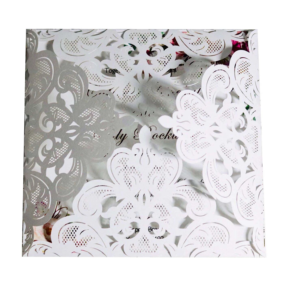10pc/lot Wedding Invitations Elegant Engagement White Hollow Laser Cut Wedding Invitation Card With Ribbon Free Envelope Seals