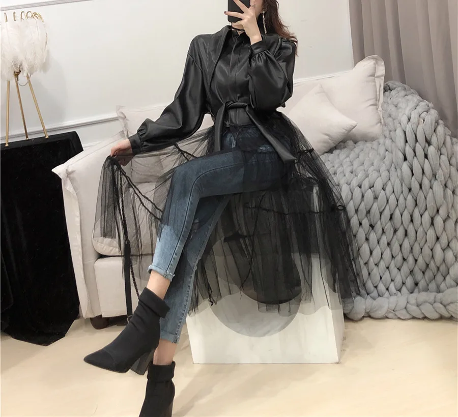 WHITNEY WANG осенне-зимняя модная уличная сетчатая юбка Лоскутная куртка из искусственной кожи женское пальто из искусственной кожи