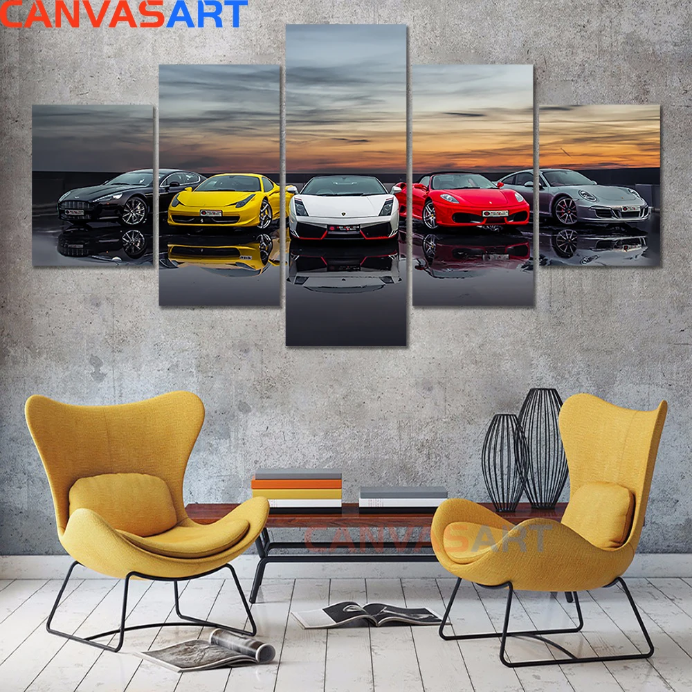 

Canvas Art 5 Piece Pictures Five Sports Car Competition Wall Pictures for Living Room Posters Cuadros Decoracion Dormitorio