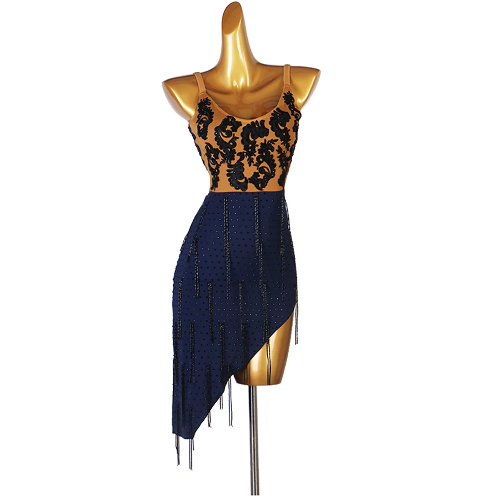 

Black Hot Rhinestones Latin Dance Dress Women Tassel V-Type Full Body Vest Dance Wear Tassel Line Salsa Dress Fringe Latin Dress