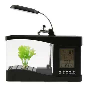 

USB Desktop Mini Fish Tank Aquarium LCD Timer Clock LED Lamp Light Black QT