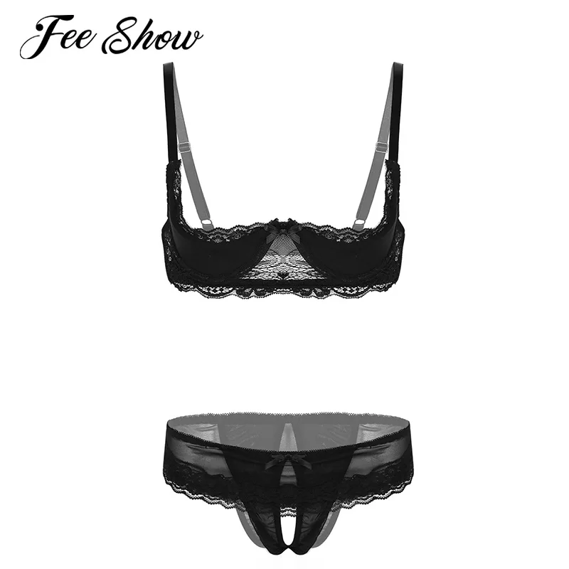 

Hot Women See Through Lace Sheer Sexy Lingerie Exotic Set Adjustable Straps Push Up Shelf Bra with Crotchless Briefs Underwear