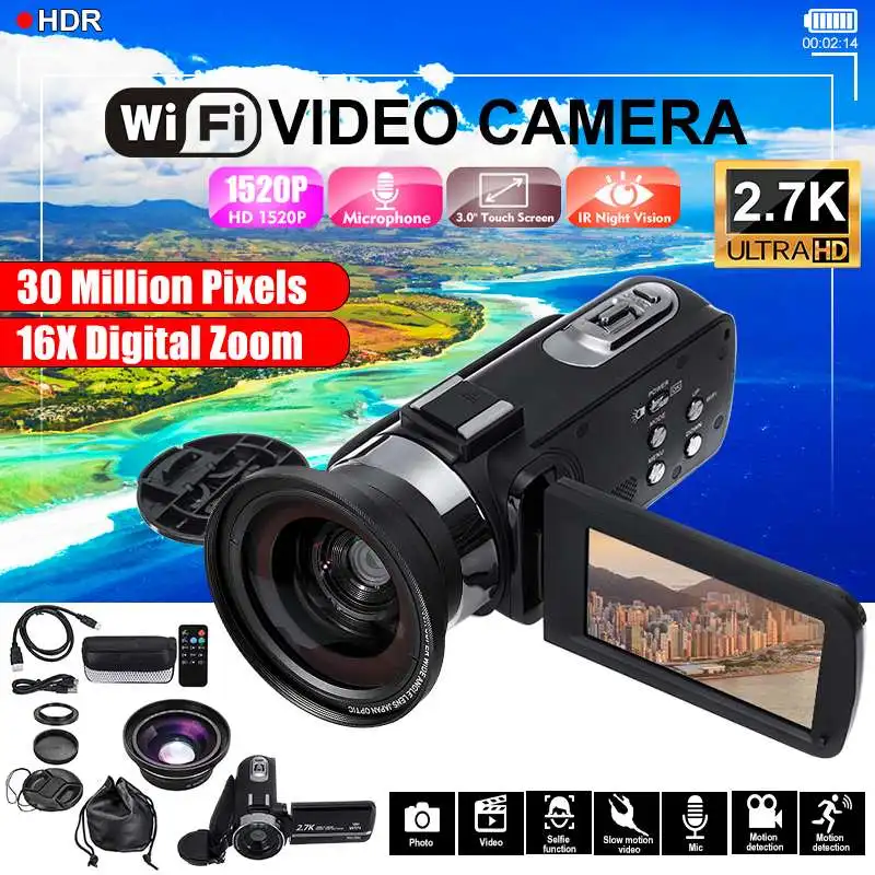 

2.7K Video Camera Camcorder Wifi Night Vision 30MP 3.0 inch HD LCD Screen 1520P Remote Control Time-lapse Camera+Wide-angle Lens